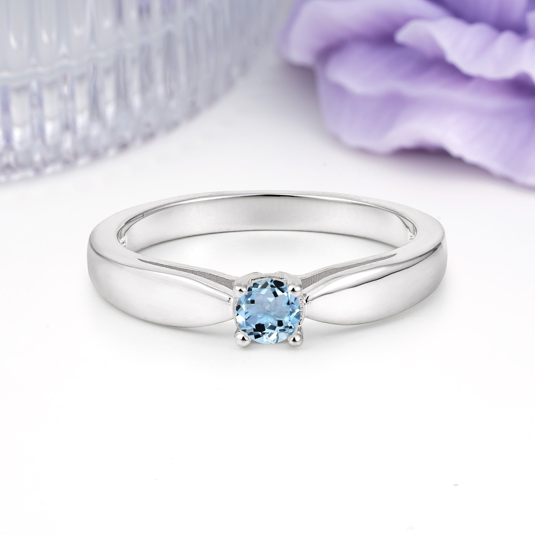 Classic Minimalist 4 Prong Round Cut Aquamarine Engagement Ring - Additional view