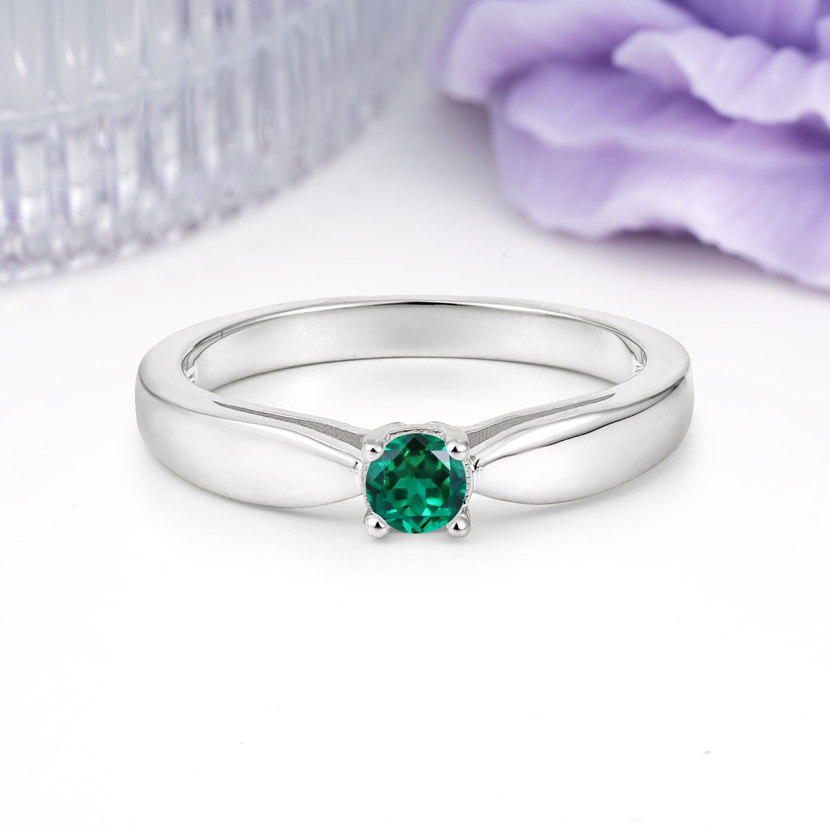 Classic Minimalist 4 Prong Round Cut Emerald Engagement Ring - Additional view
