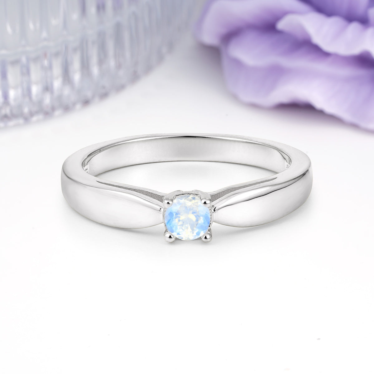 Classic Minimalist 4 Prong Round Cut Moonstone Engagement Ring - Additional view