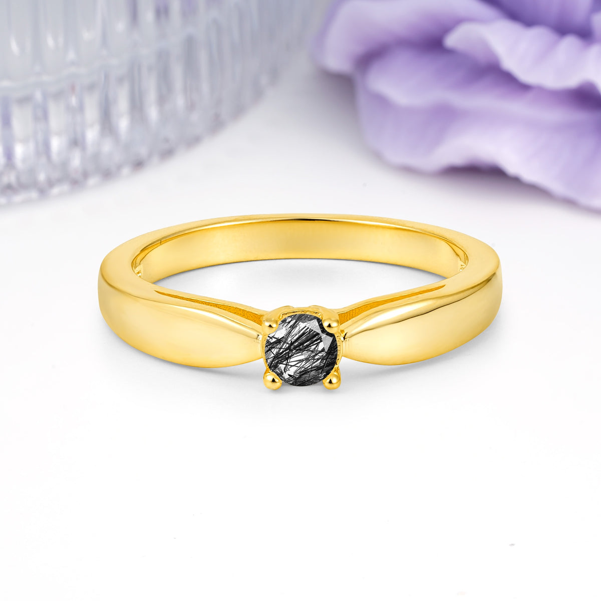 Classic Minimalist 4 Prong Round Cut Black Rutilated Quartz Engagement Ring - Additional view