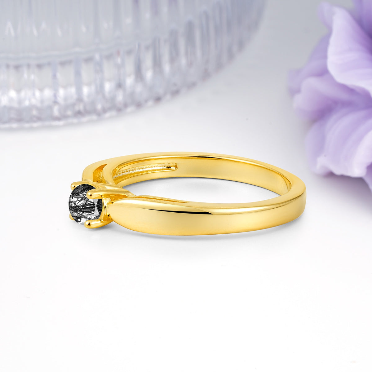 Classic Minimalist 4 Prong Round Cut Black Rutilated Quartz Engagement Ring - Additional view