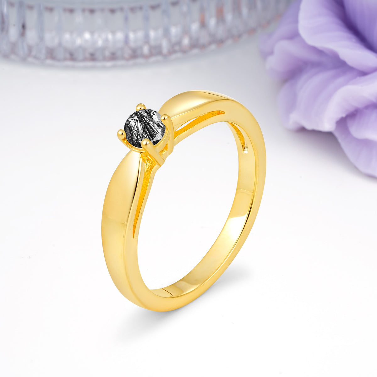Classic Minimalist 4 Prong Round Cut Black Rutilated Quartz Engagement Ring - Additional view