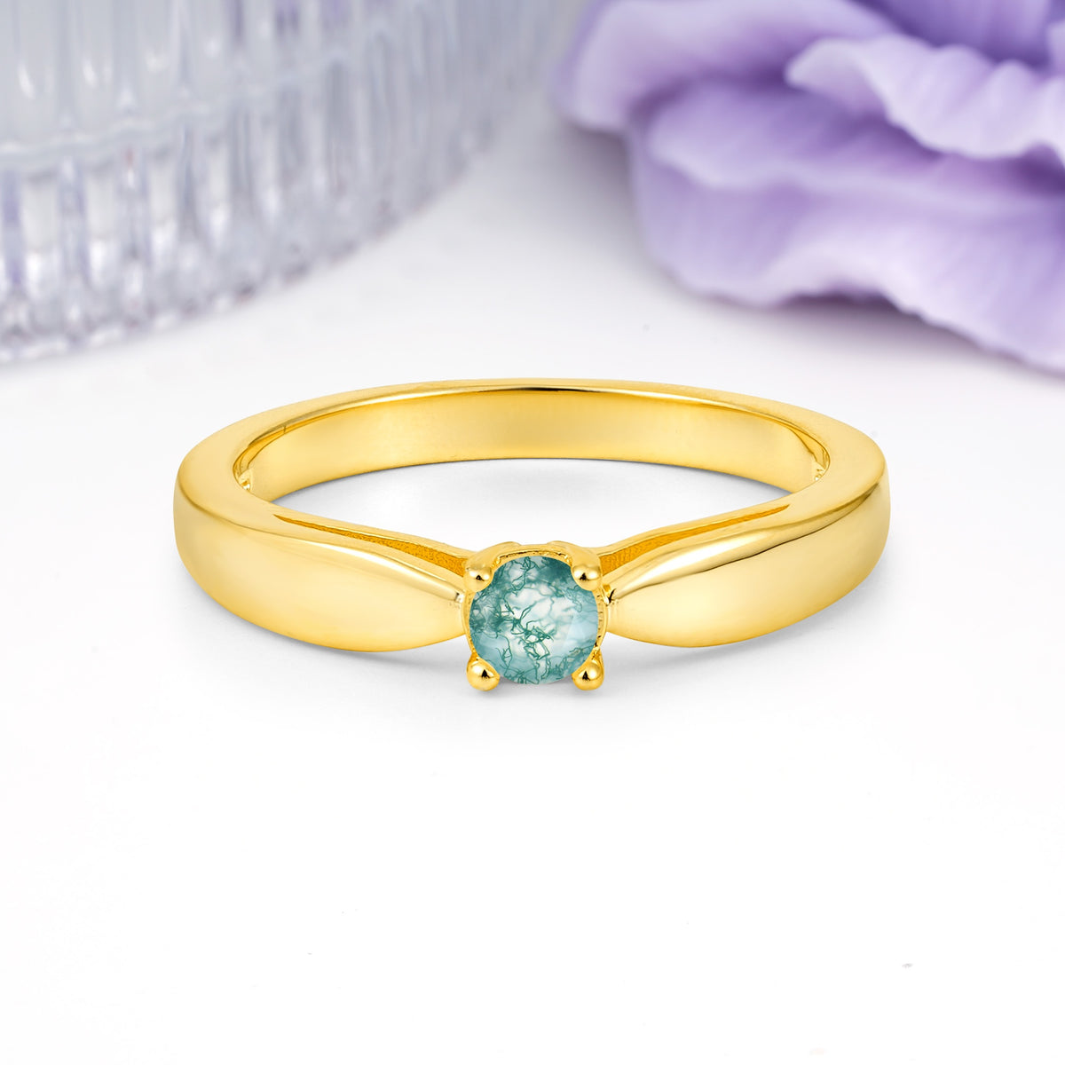 Classic Minimalist 4 Prong Round Cut Moss Agate Engagement Ring - Additional view