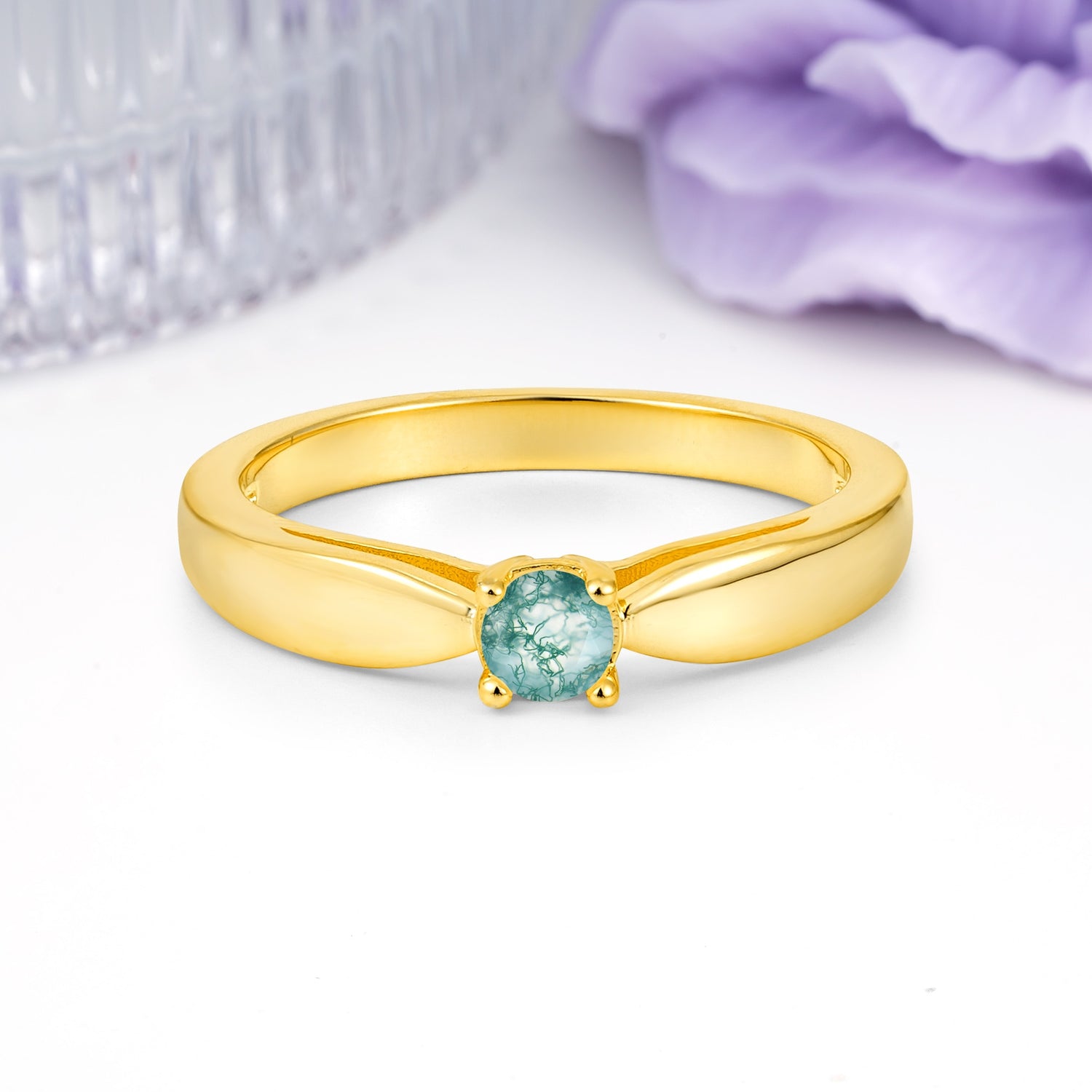 Classic Minimalist 4 Prong Round Cut Moss Agate Engagement Ring - Additional view