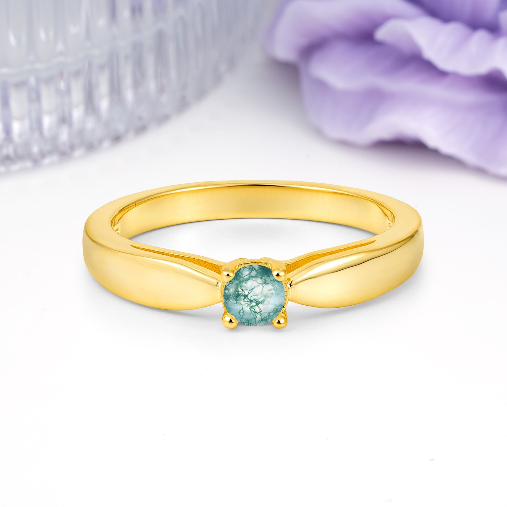 Classic Minimalist 4 Prong Round Cut Moss Agate Engagement Ring - Additional view
