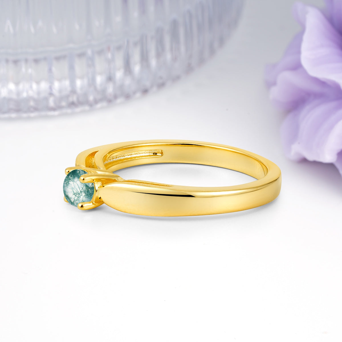 Classic Minimalist 4 Prong Round Cut Moss Agate Engagement Ring - Additional view