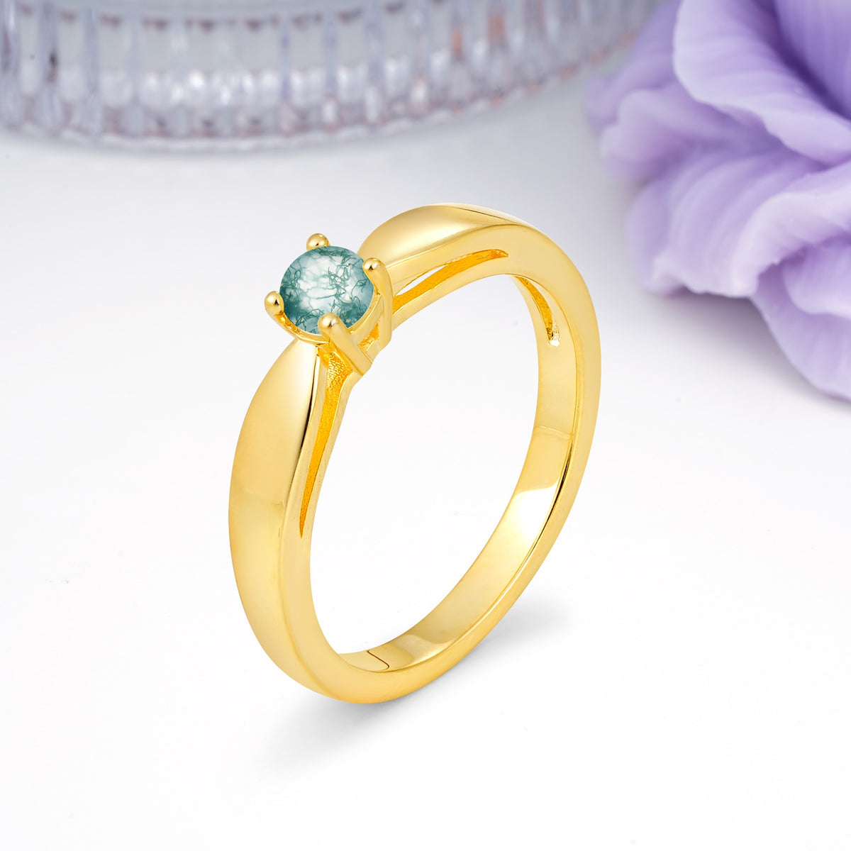 Classic Minimalist 4 Prong Round Cut Moss Agate Engagement Ring - Additional view