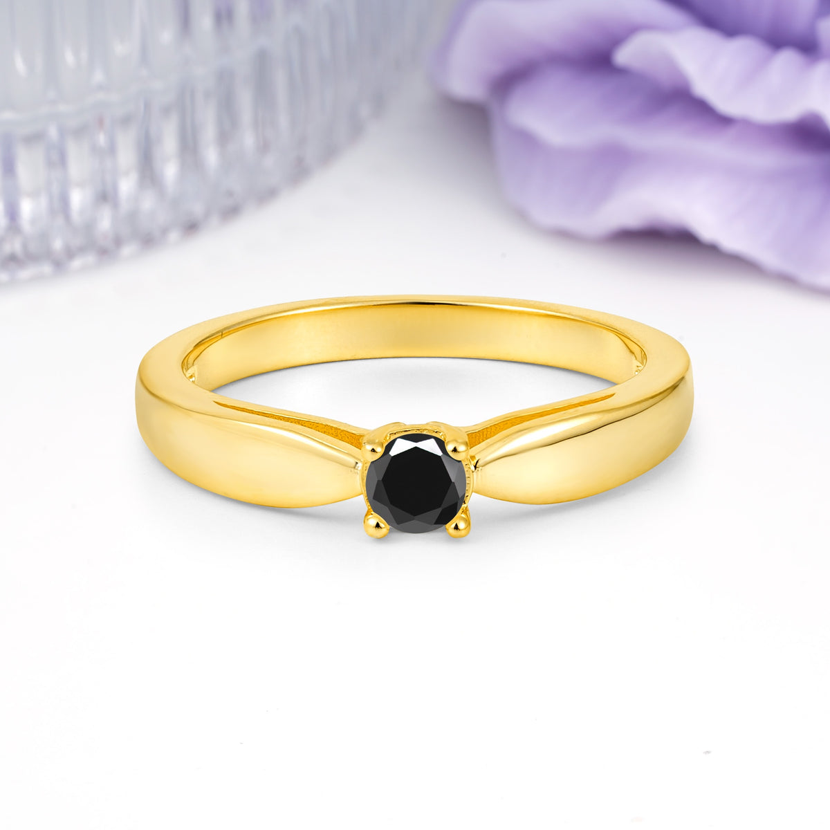 Classic Minimalist 4 Prong Round Cut Black Onyx Engagement Ring - Additional view