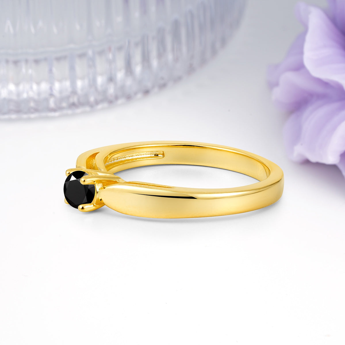 Classic Minimalist 4 Prong Round Cut Black Onyx Engagement Ring - Additional view