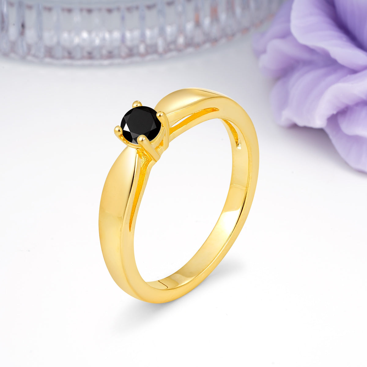 Classic Minimalist 4 Prong Round Cut Black Onyx Engagement Ring - Additional view