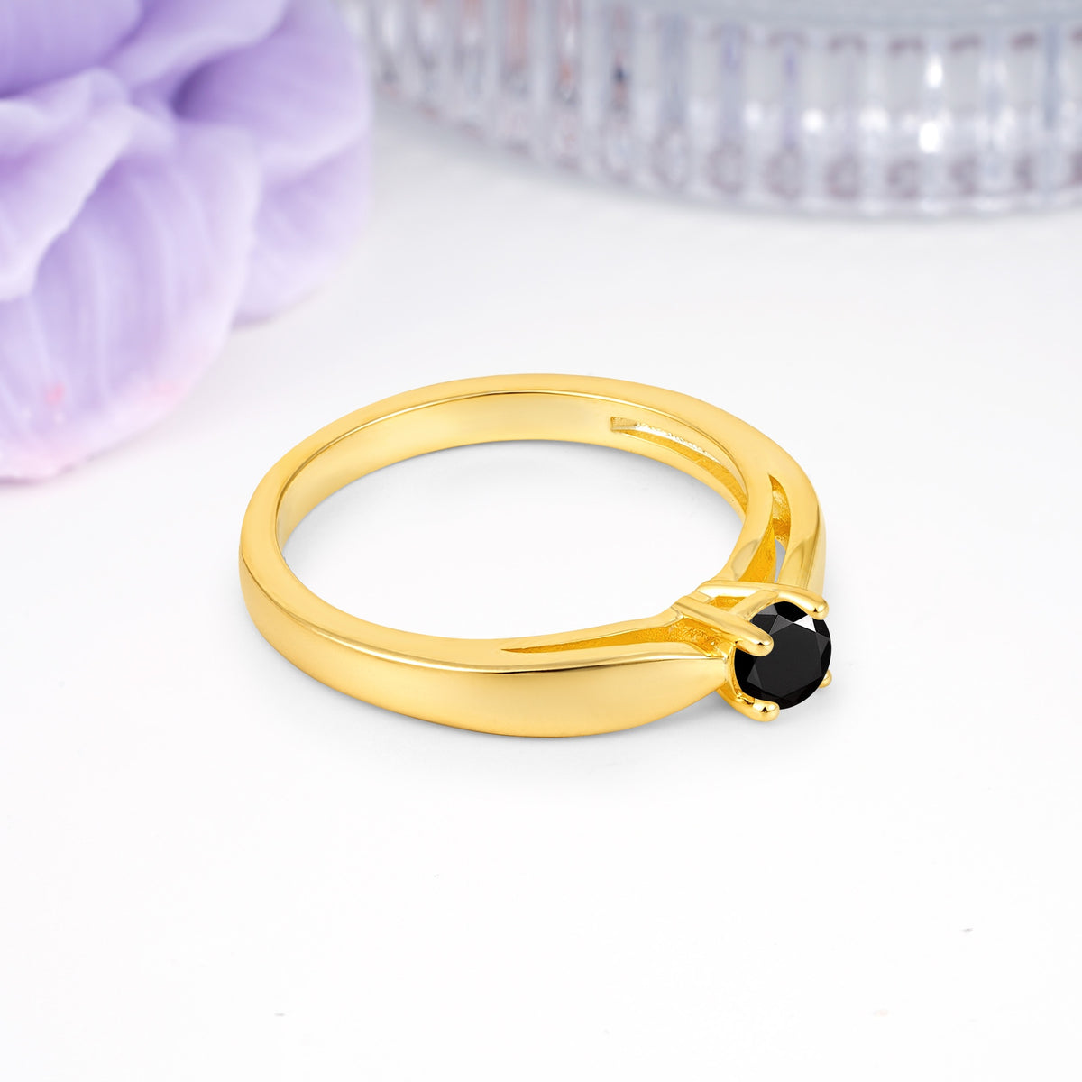 Classic Minimalist 4 Prong Round Cut Black Onyx Engagement Ring - Additional view