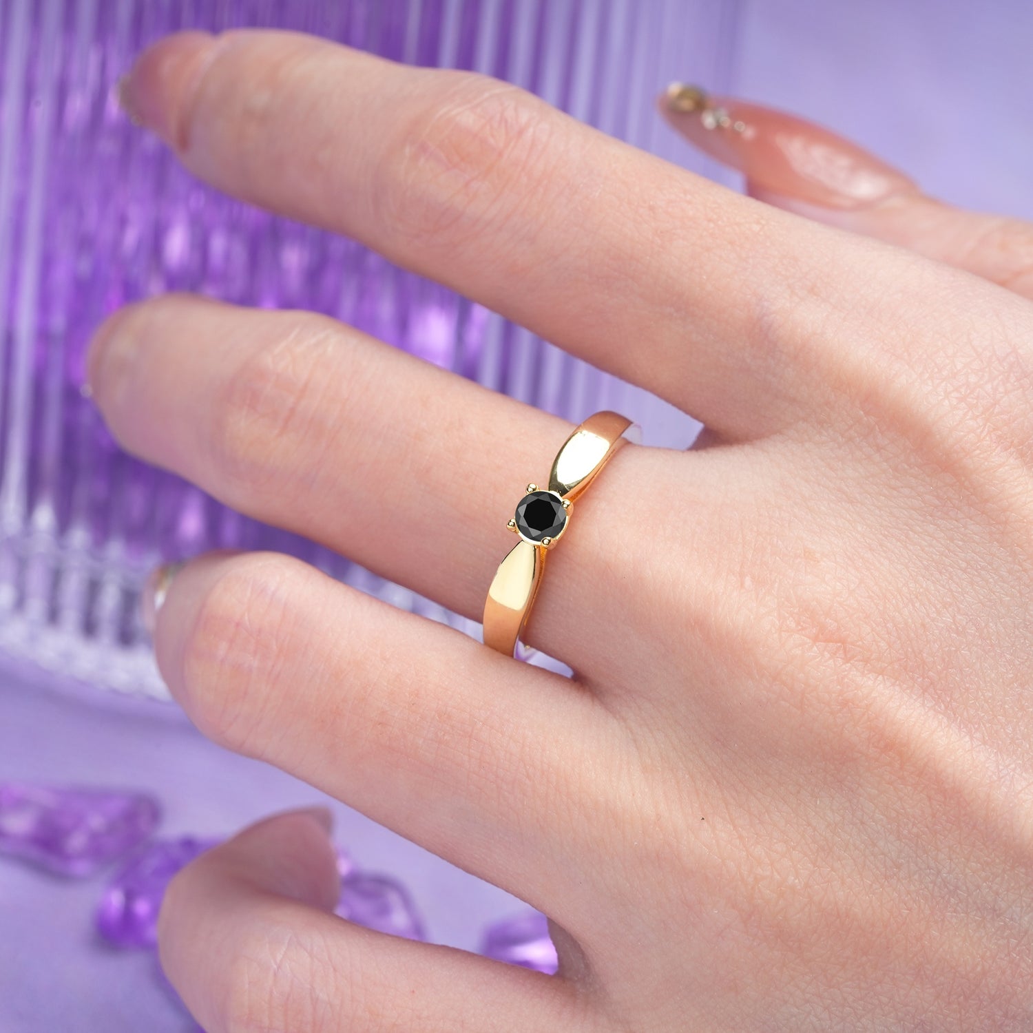 Classic Minimalist 4 Prong Round Cut Black Onyx Engagement Ring - Additional view