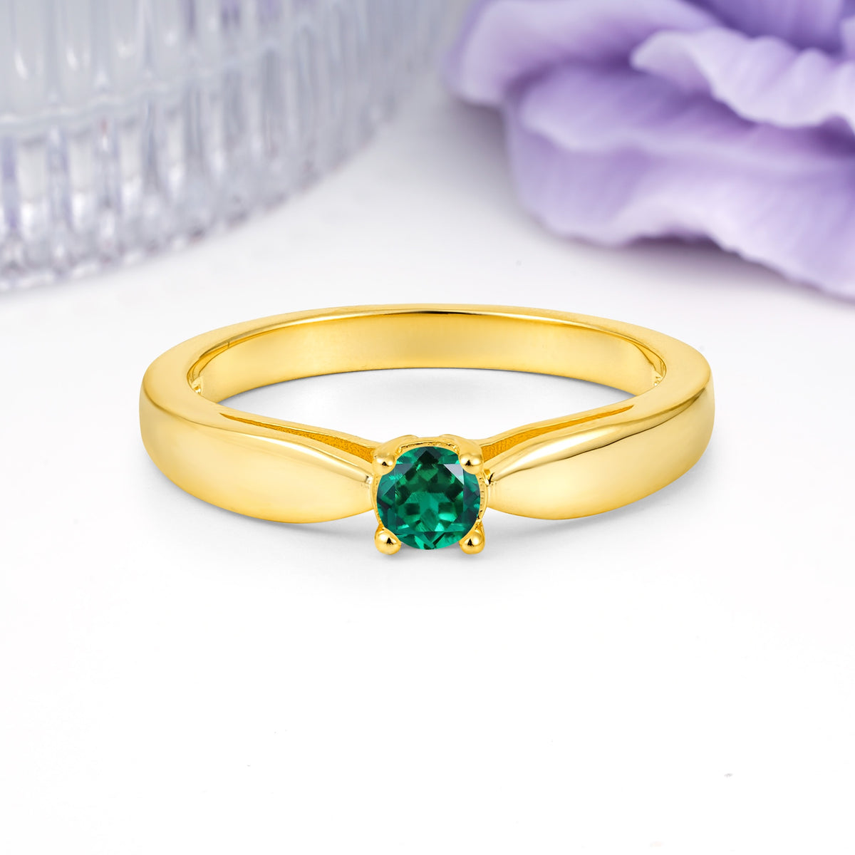 Classic Minimalist 4 Prong Round Cut Emerald Engagement Ring - Additional view