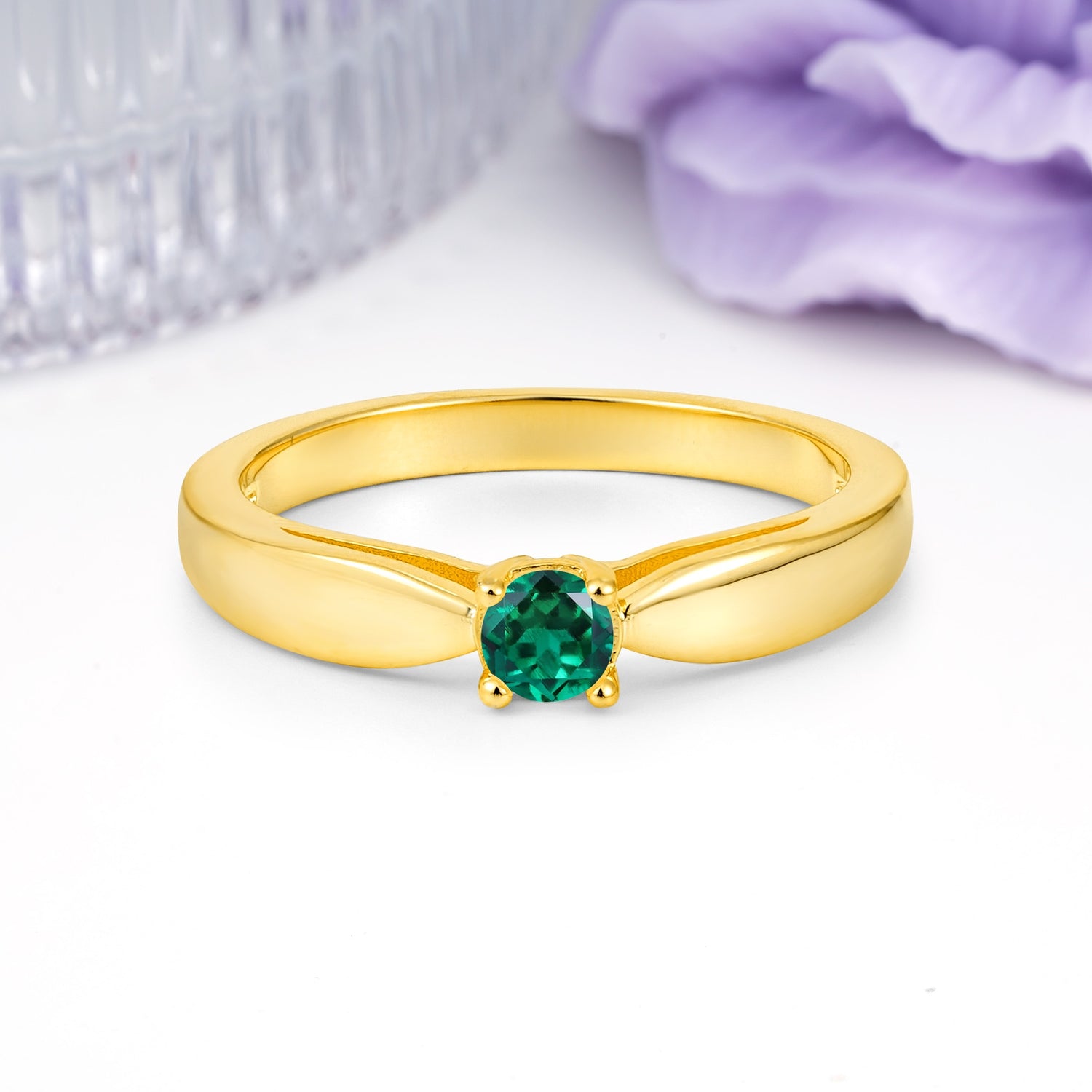 Classic Minimalist 4 Prong Round Cut Emerald Engagement Ring - Additional view