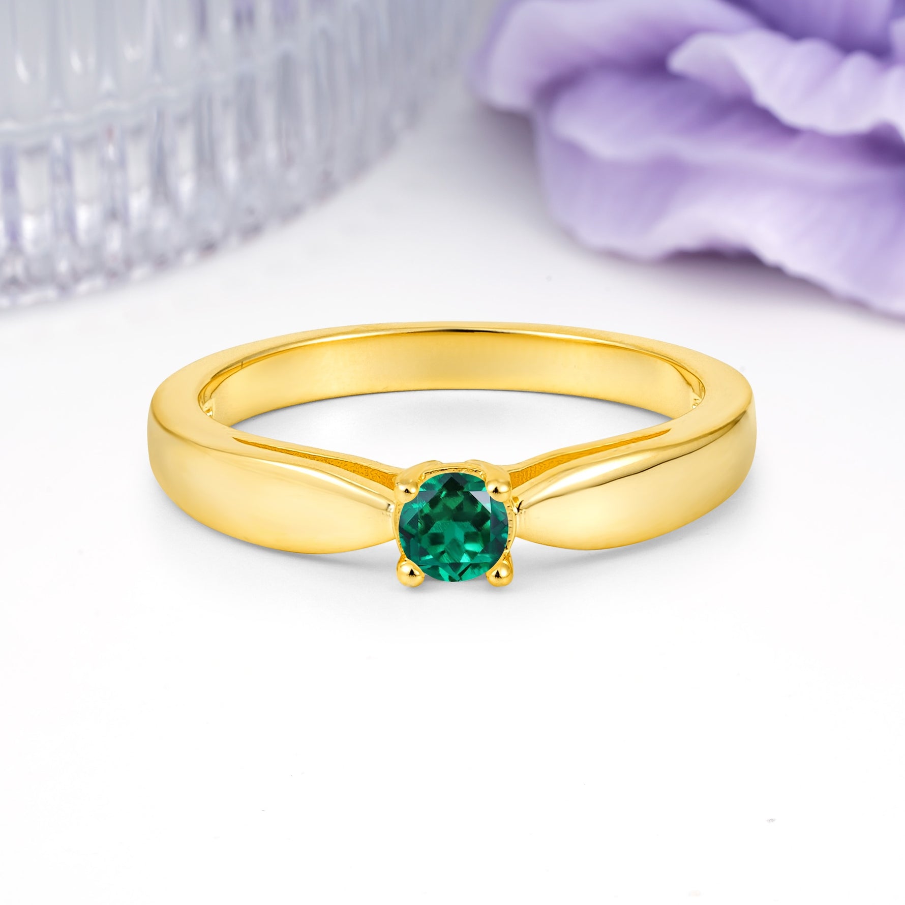 Classic Minimalist 4 Prong Round Cut Emerald Engagement Ring - Additional view