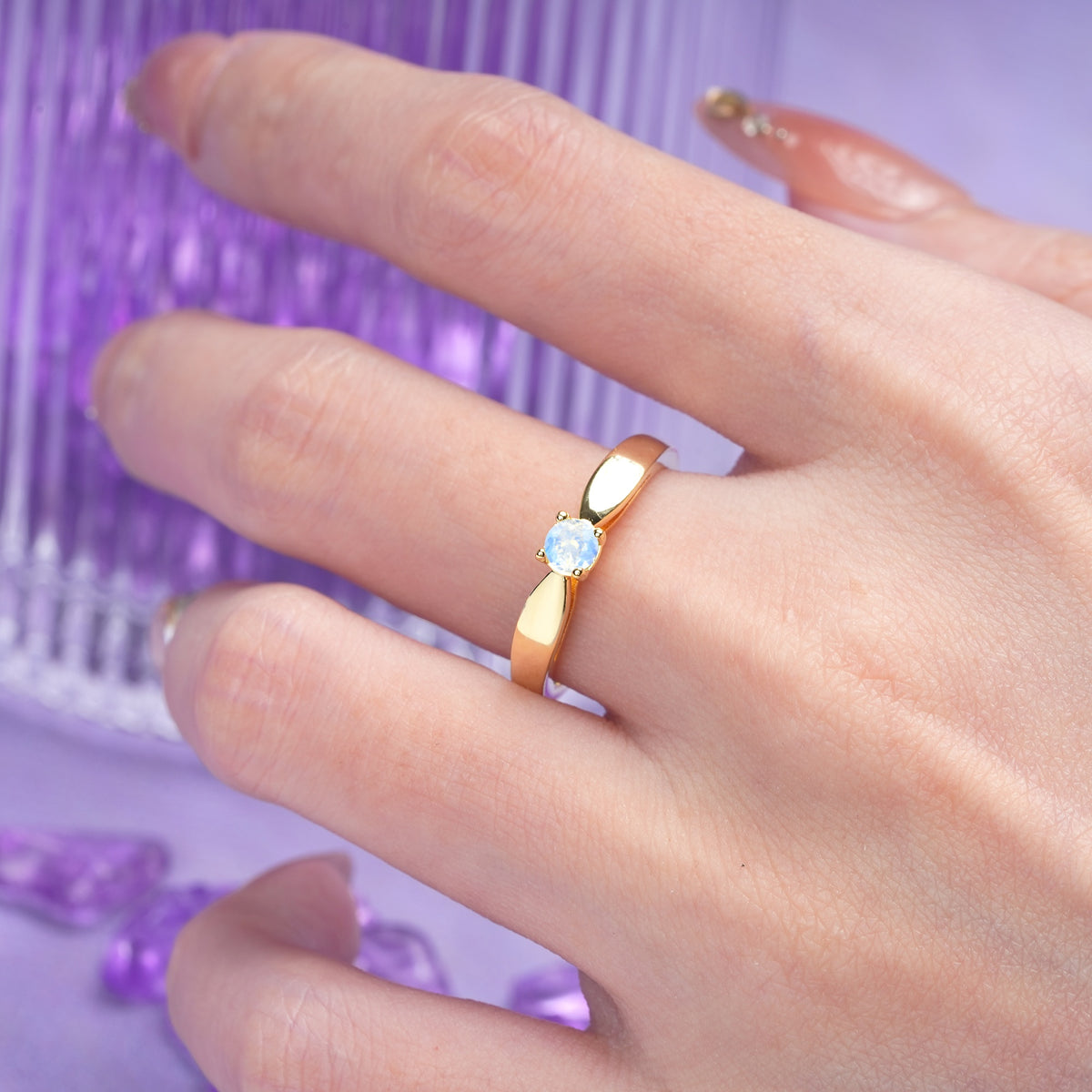 Classic Minimalist 4 Prong Round Cut Moonstone Engagement Ring - Additional view