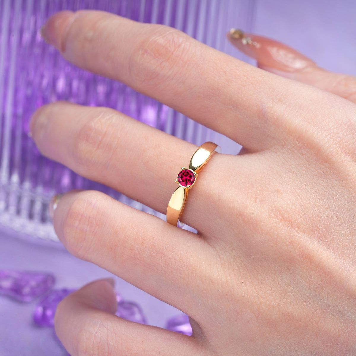 Classic Minimalist 4 Prong Round Cut Ruby Engagement Ring - Additional view