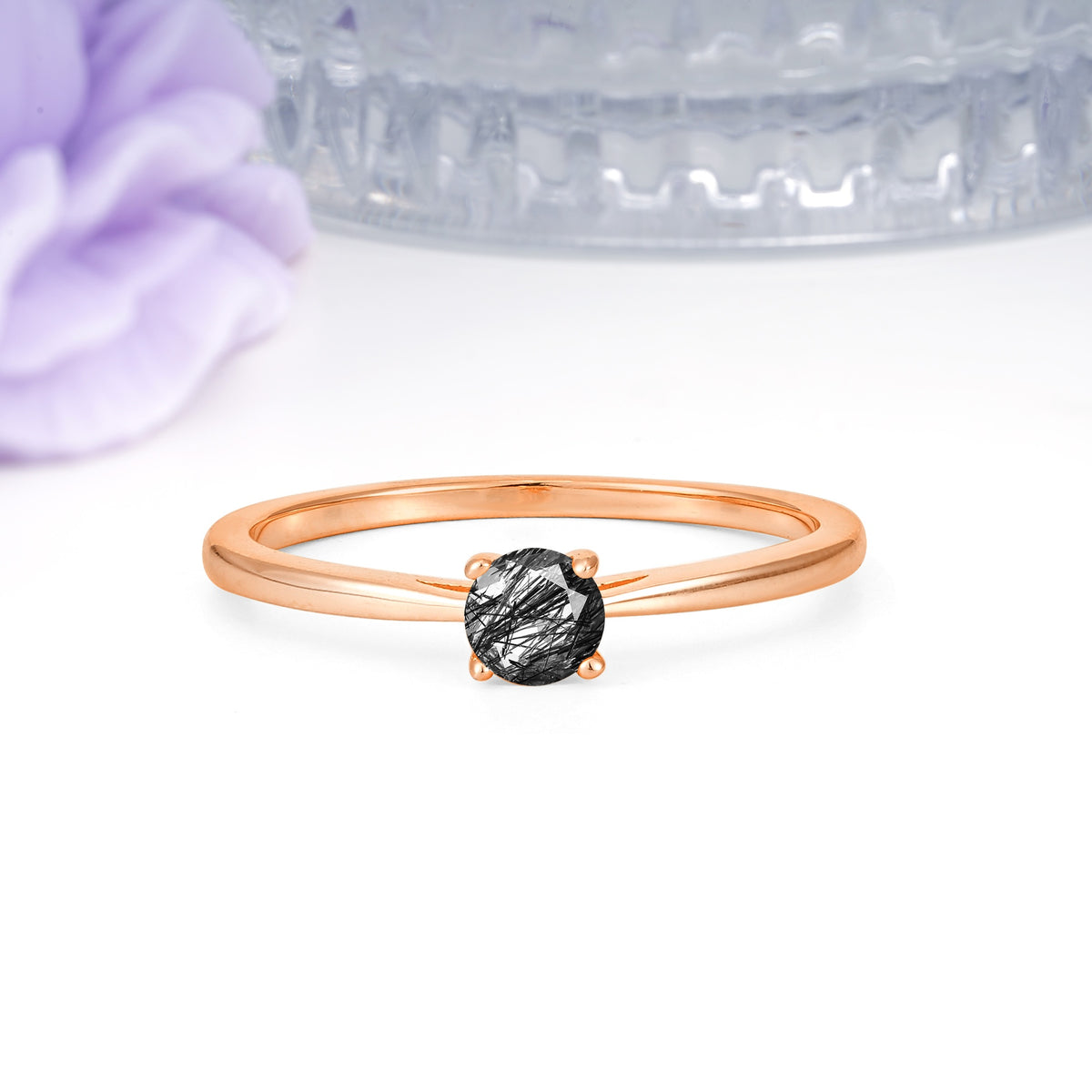 Minimalist Classic 4-Prong Round Cut Black Rutilated Quartz Engagement Ring - Additional view