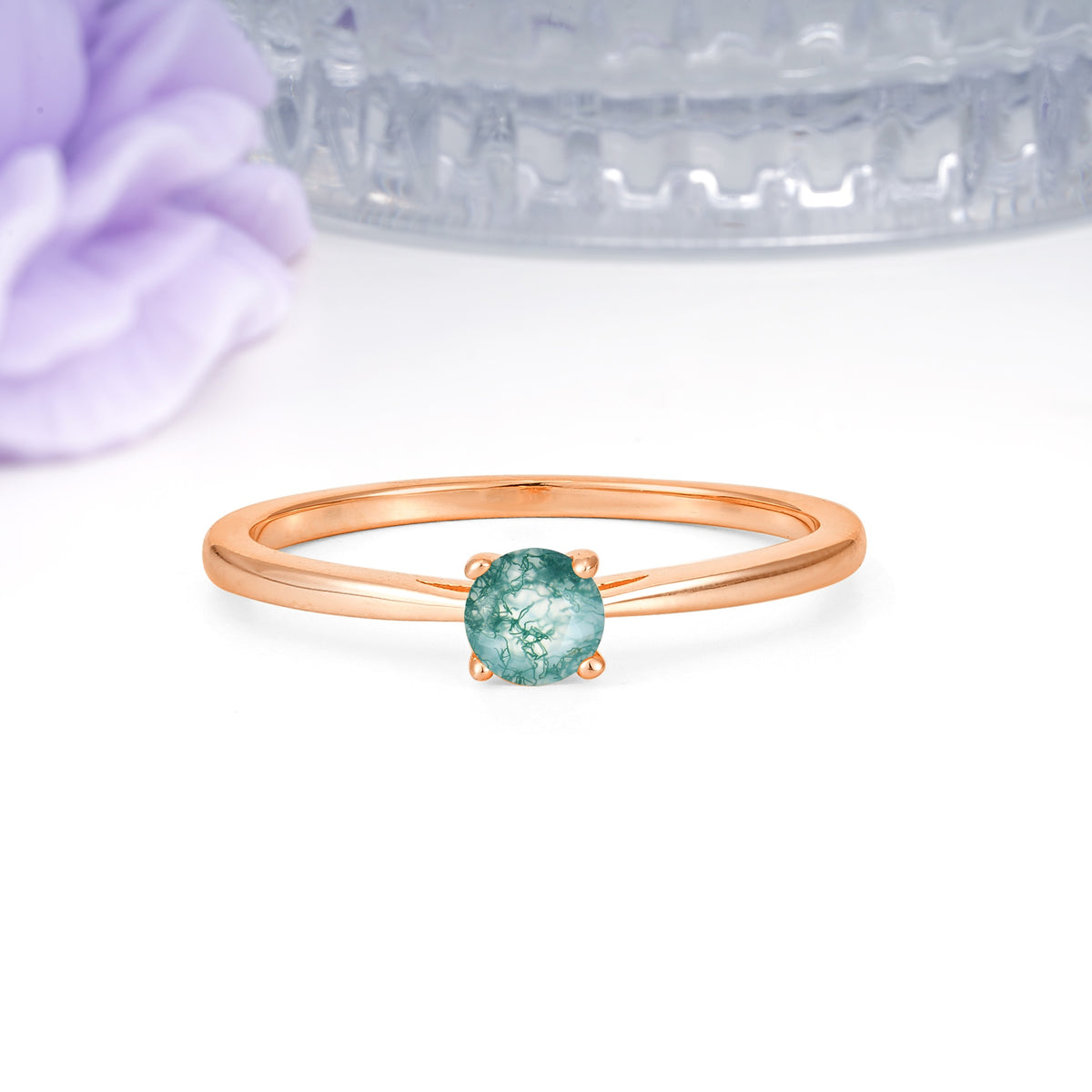 Minimalist Classic 4-Prong Round Cut Moss Agate Engagement Ring - Additional view