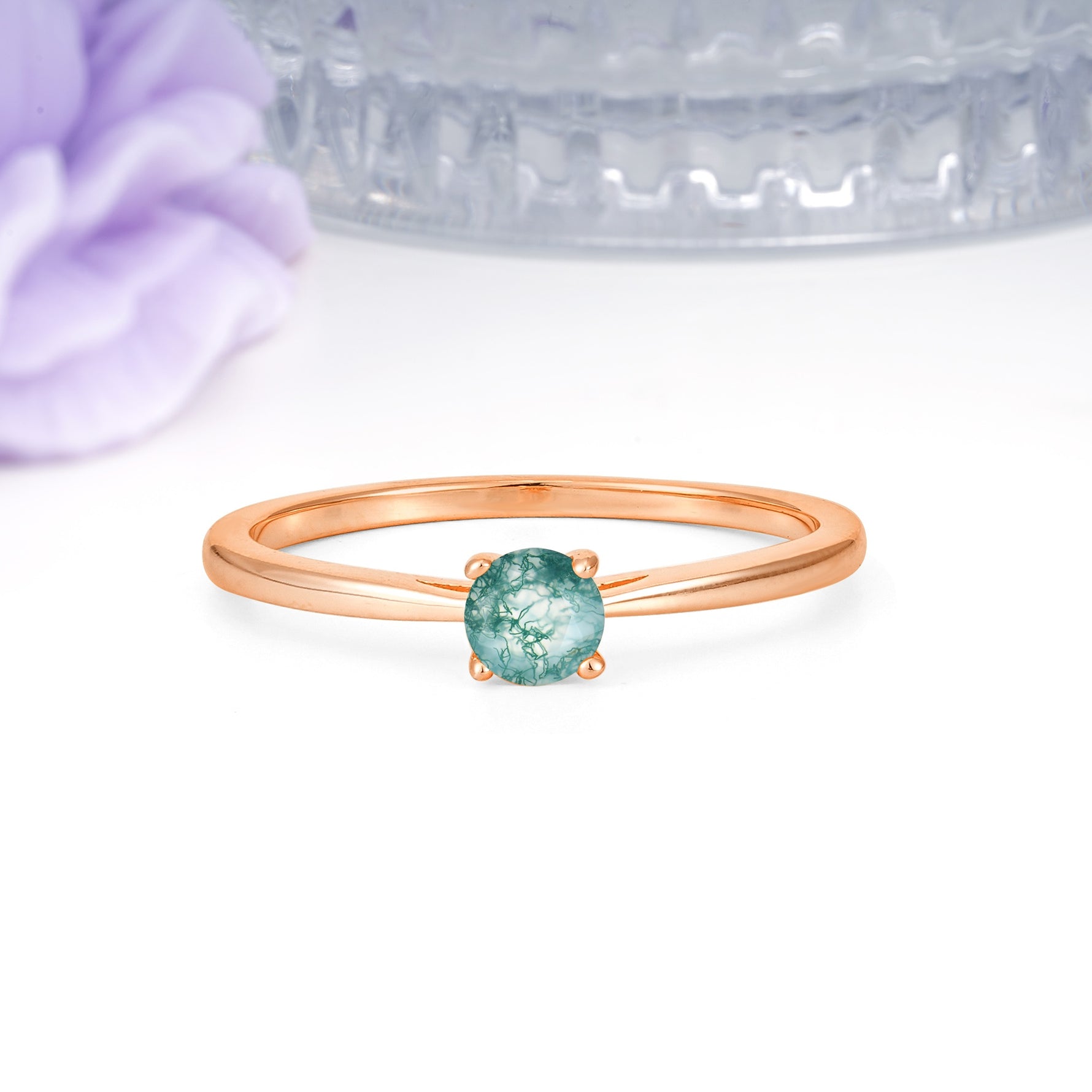 Minimalist Classic 4-Prong Round Cut Moss Agate Engagement Ring - Additional view