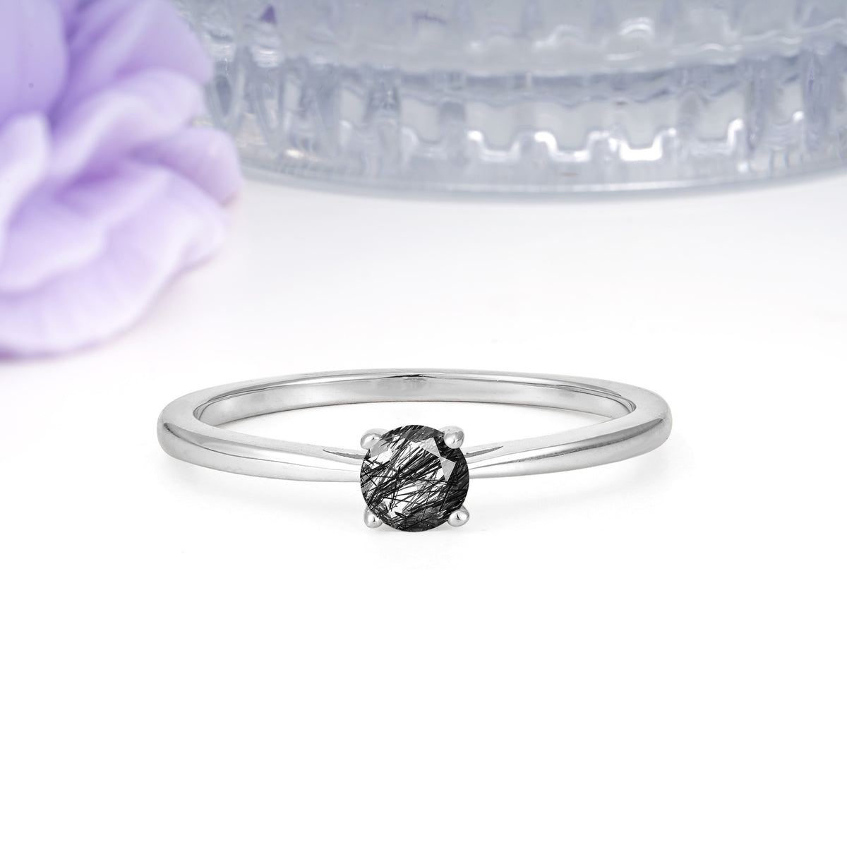 Minimalist Classic 4-Prong Round Cut Black Rutilated Quartz Engagement Ring - Additional view