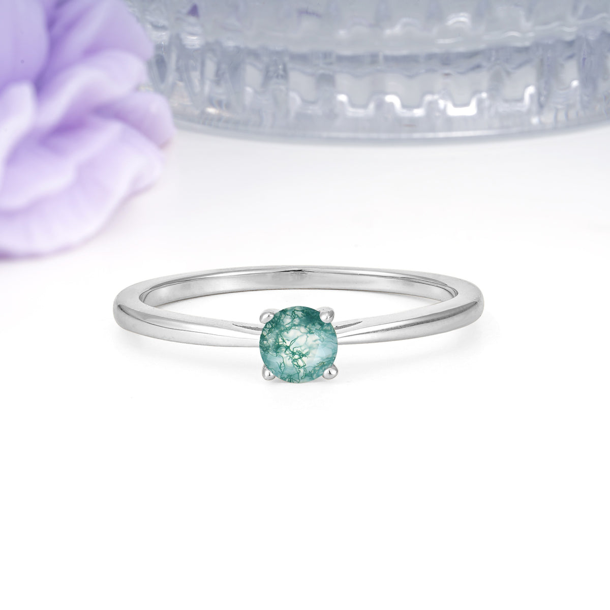 Minimalist Classic 4-Prong Round Cut Moss Agate Engagement Ring - Additional view