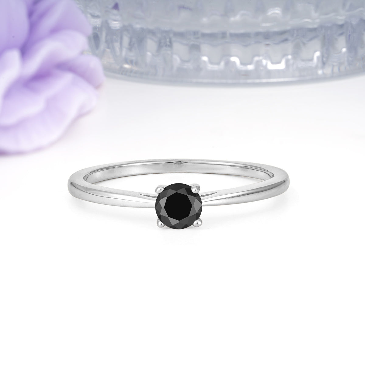 Minimalist Classic 4-Prong Round Cut Black Onyx Engagement Ring - Additional view