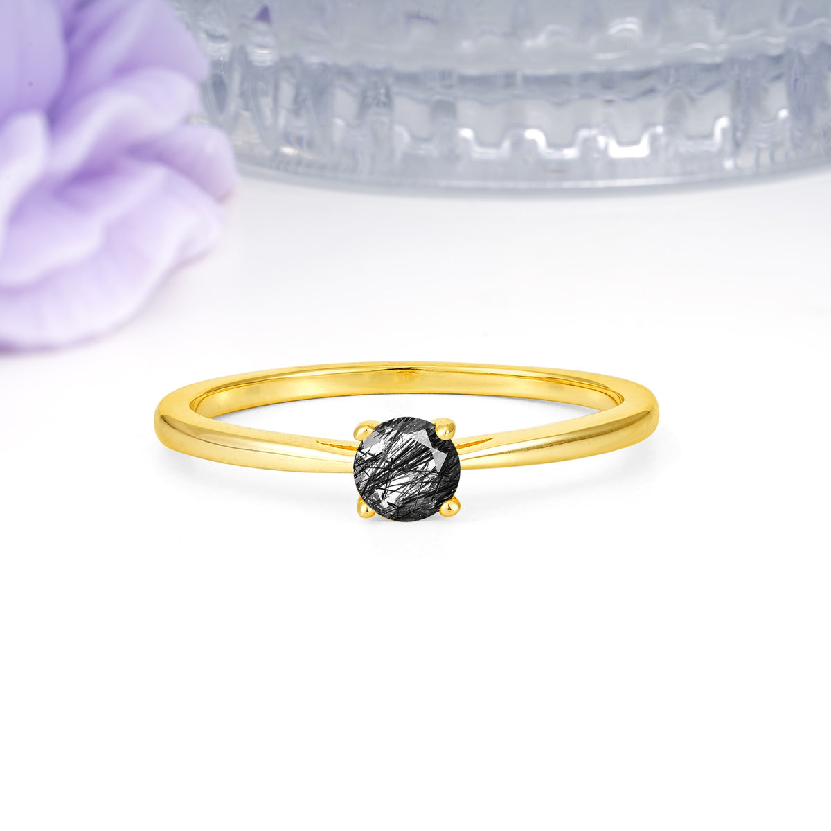 Minimalist Classic 4-Prong Round Cut Black Rutilated Quartz Engagement Ring - Additional view