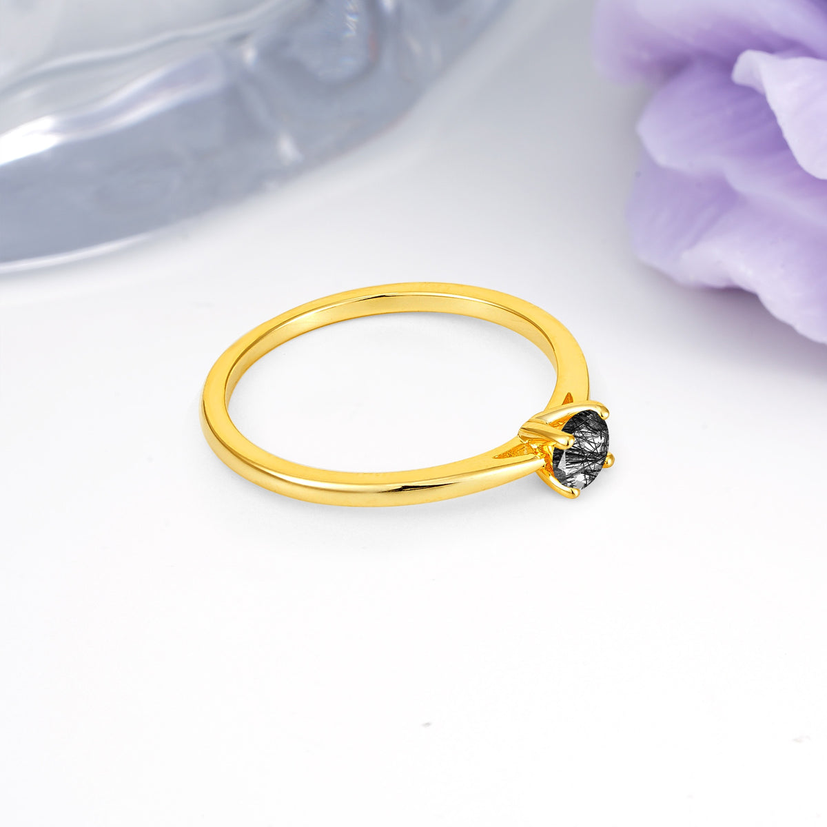 Minimalist Classic 4-Prong Round Cut Black Rutilated Quartz Engagement Ring - Additional view