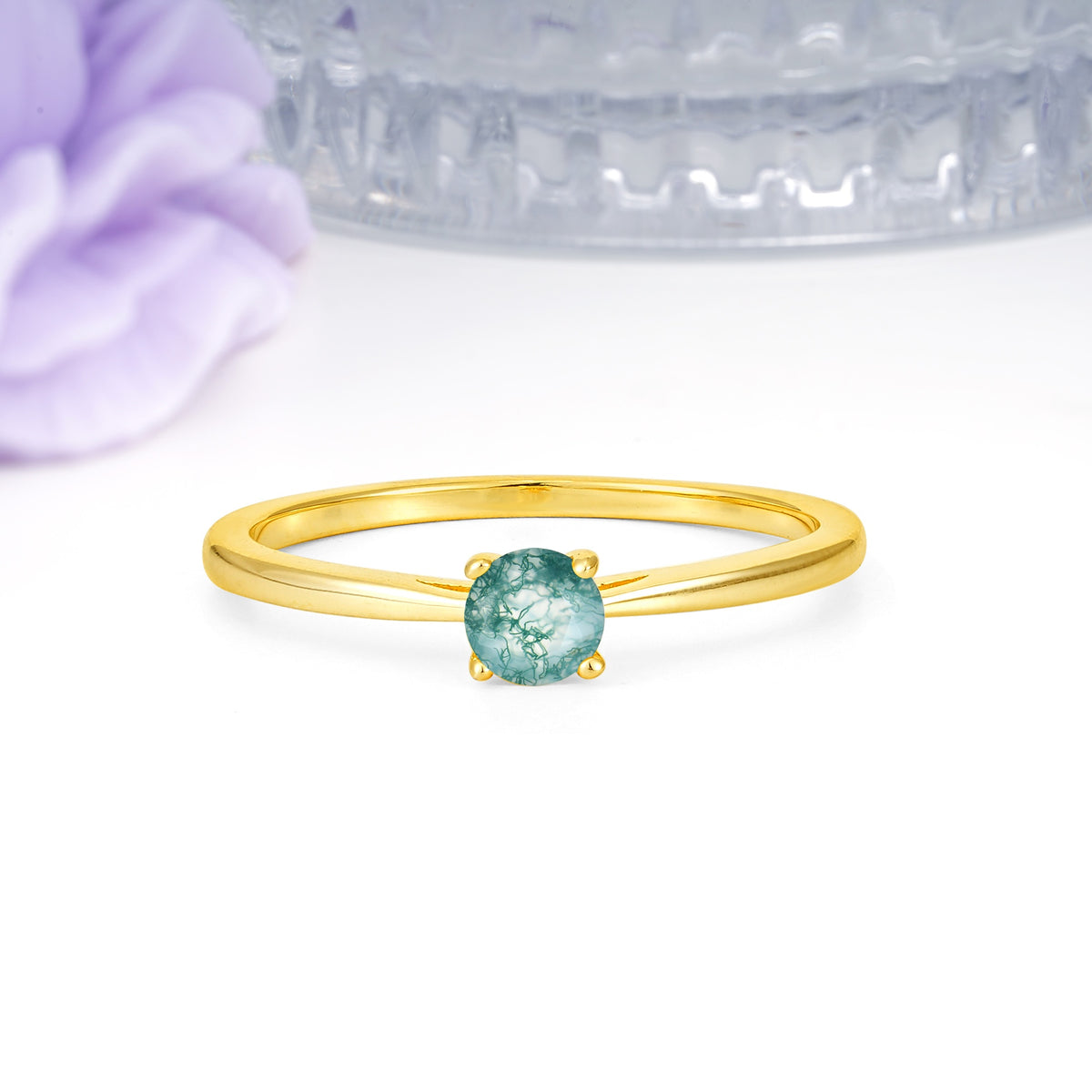 Minimalist Classic 4-Prong Round Cut Moss Agate Engagement Ring - Additional view