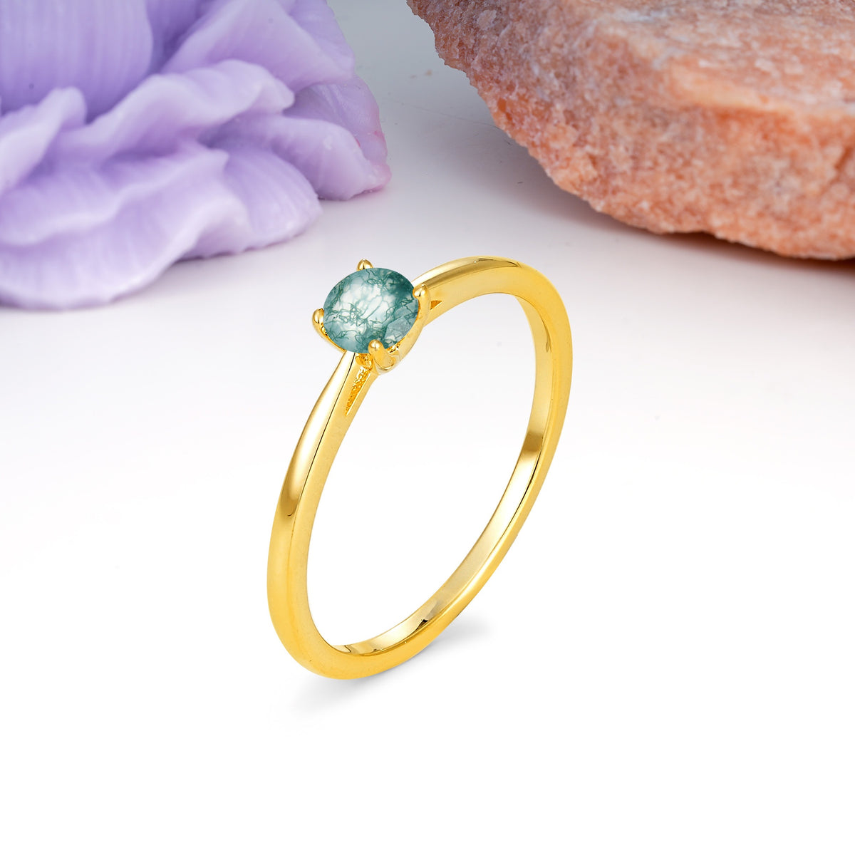 Minimalist Classic 4-Prong Round Cut Moss Agate Engagement Ring - Additional view