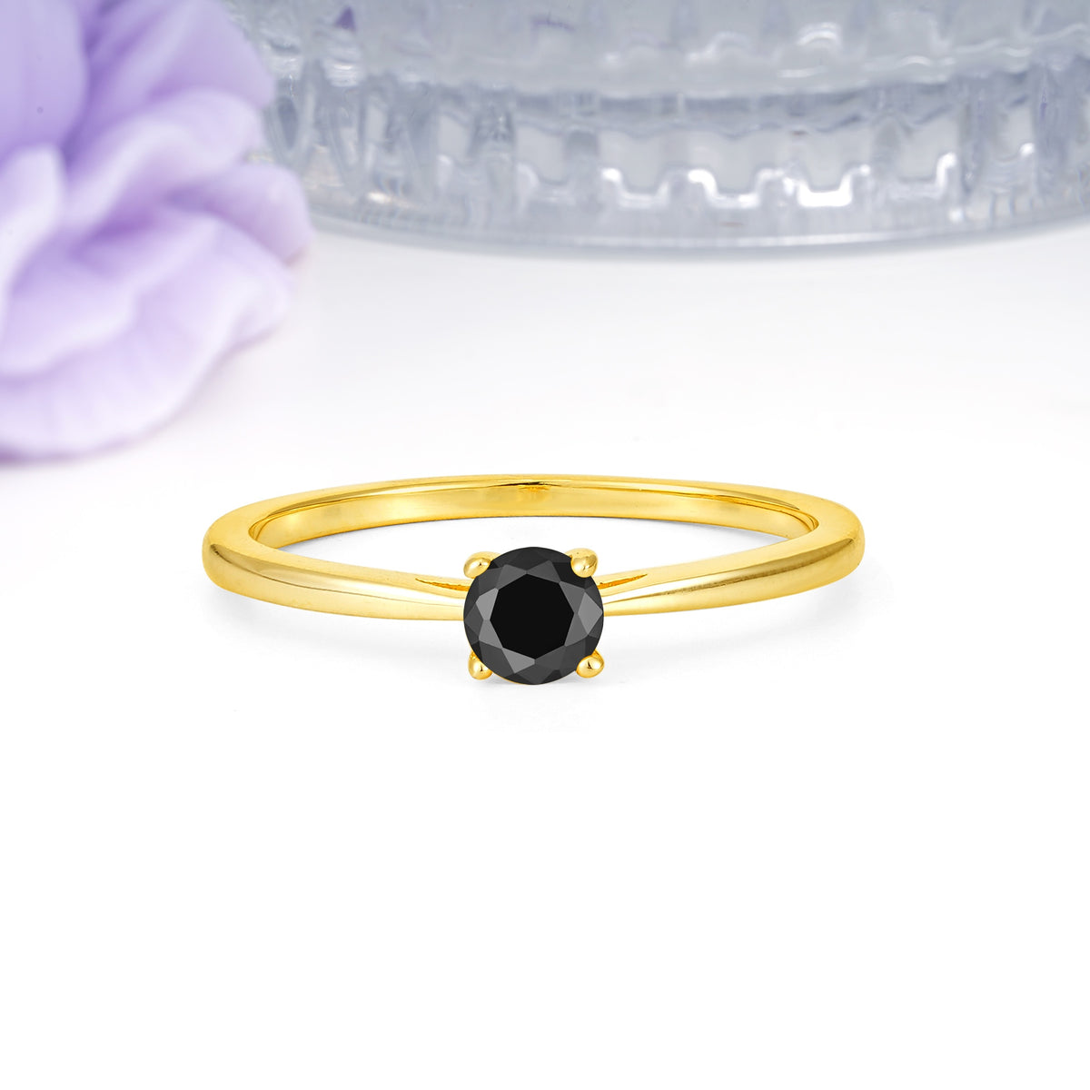 Minimalist Classic 4-Prong Round Cut Black Onyx Engagement Ring - Additional view