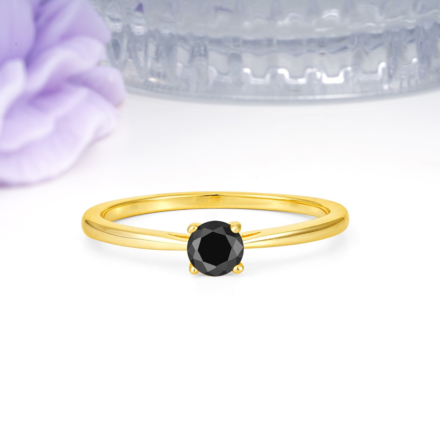 Minimalist Classic 4-Prong Round Cut Black Onyx Engagement Ring - Additional view