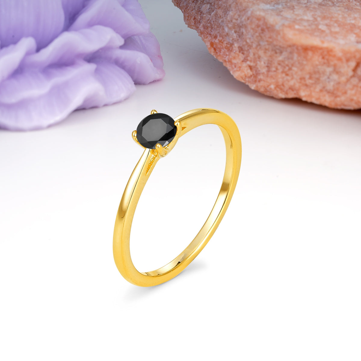 Minimalist Classic 4-Prong Round Cut Black Onyx Engagement Ring - Additional view