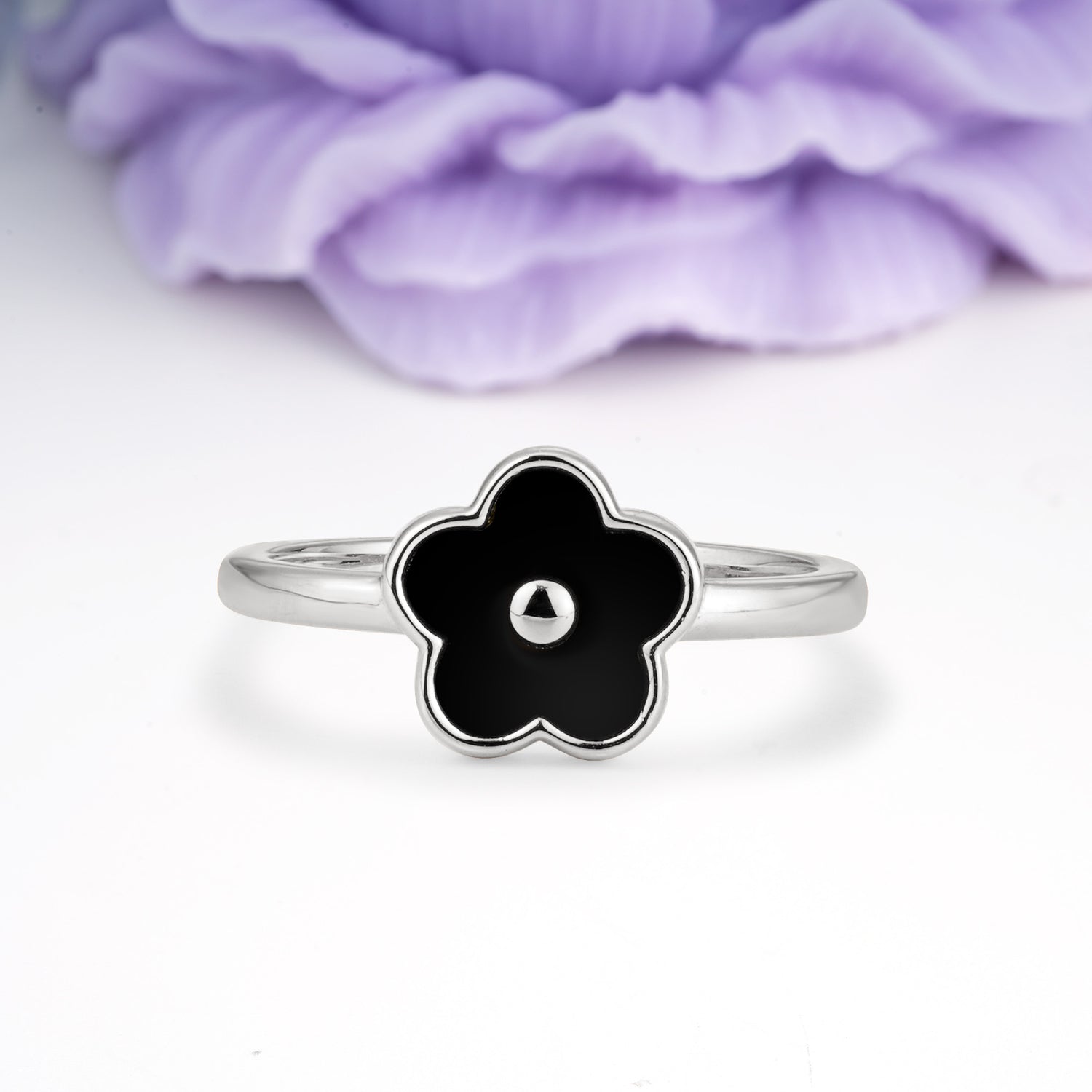 Chic Glossy Black Four Leaf Clover Minimalist Black Onyx Fashion Wedding Ring