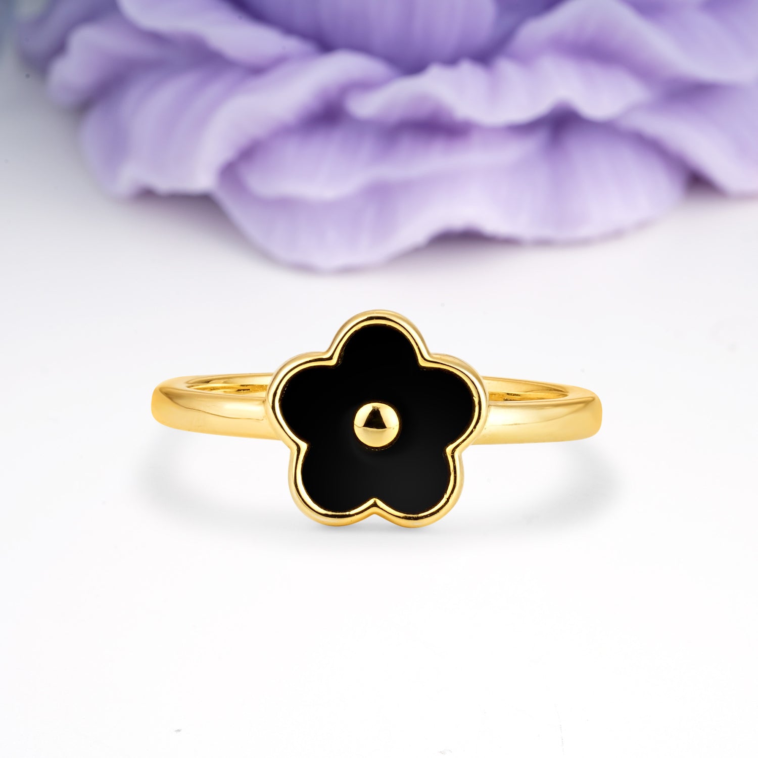 Chic Glossy Black Four Leaf Clover Minimalist Black Onyx Fashion Wedding Ring