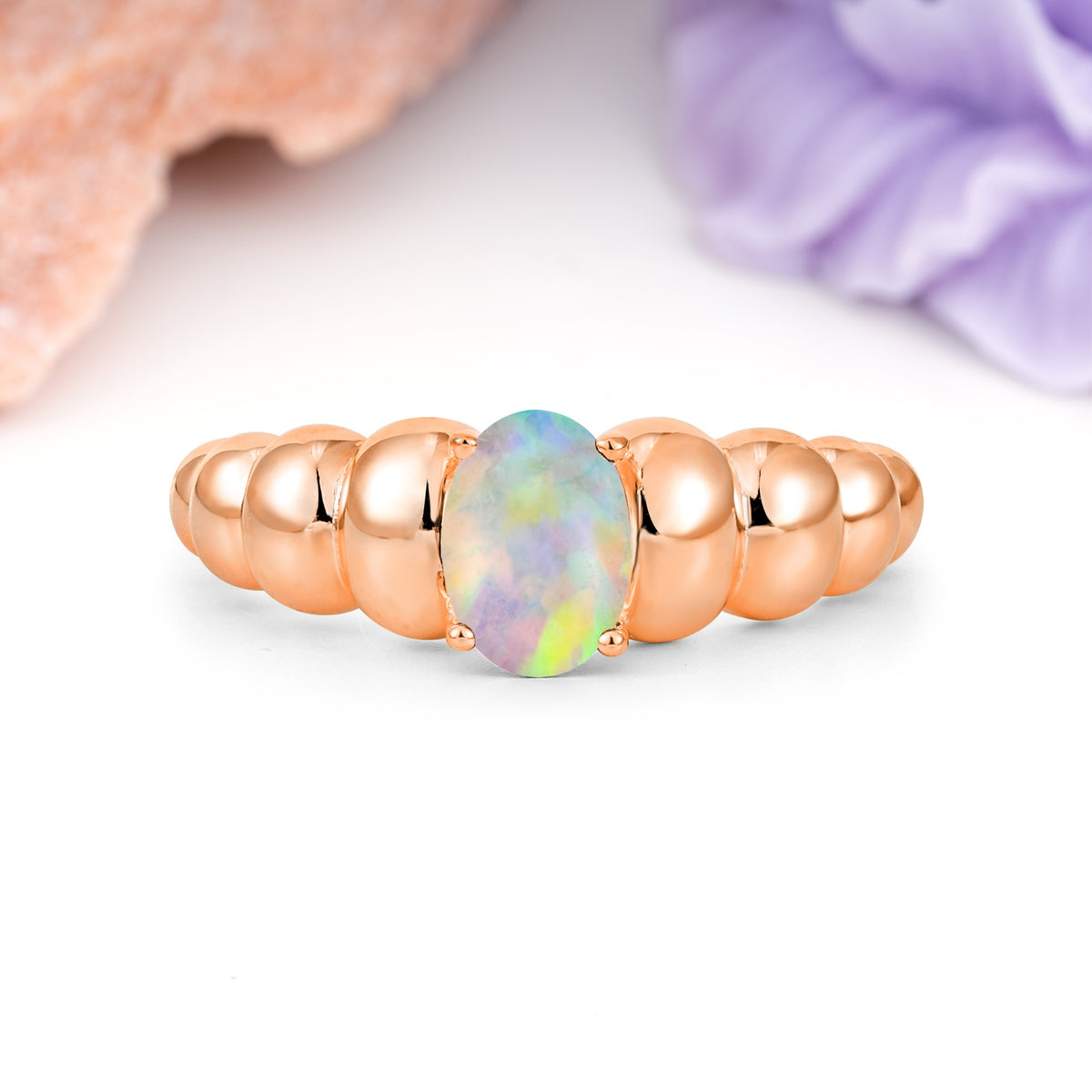 Unique Stacked 4-Prong Oval Cut Fire Opal Engagement Ring - Additional view