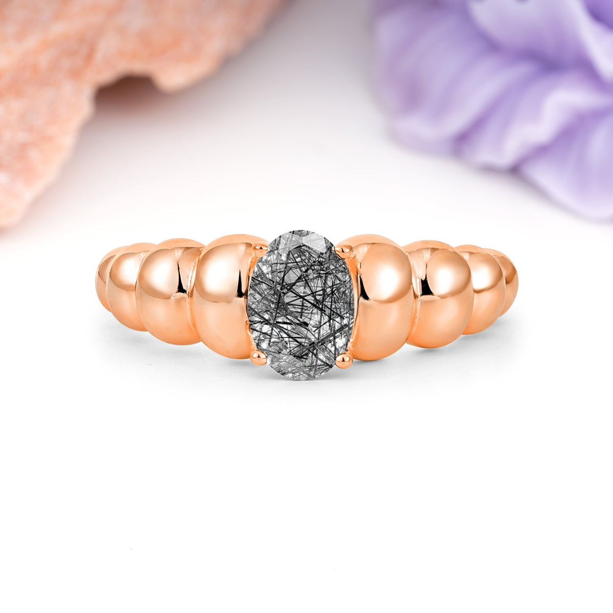 Unique Stacked 4-Prong Oval Cut Black Rutilated Quartz Engagement Ring - Additional view