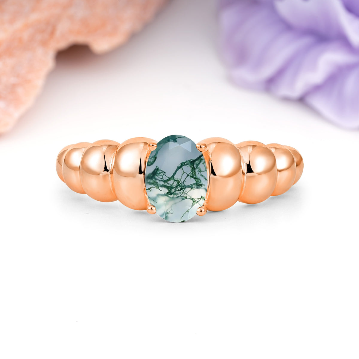 Unique Stacked 4-Prong Oval Cut Moss Agate Engagement Ring - Additional view