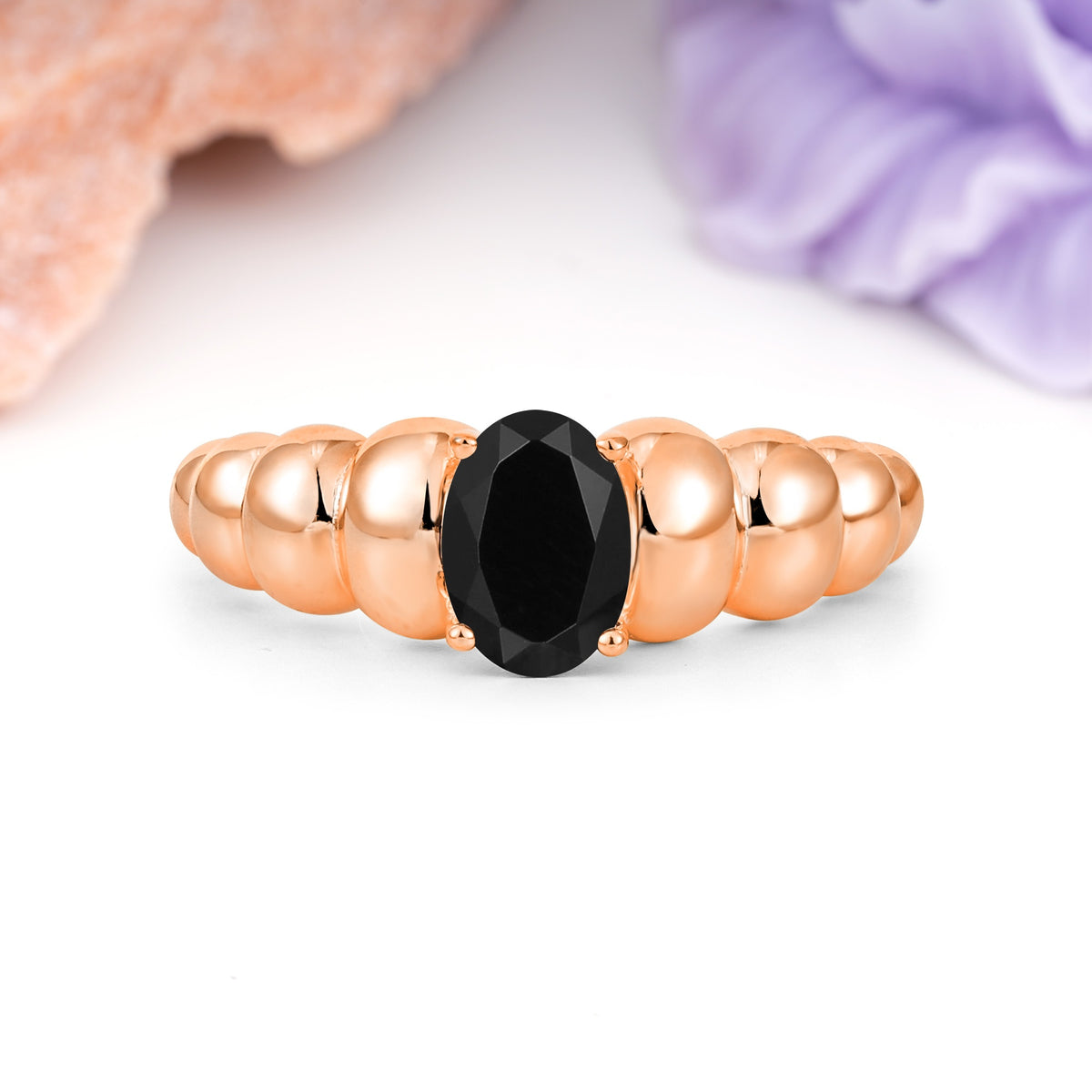 Unique Stacked 4-Prong Oval Cut Black Onyx Engagement Ring - Additional view