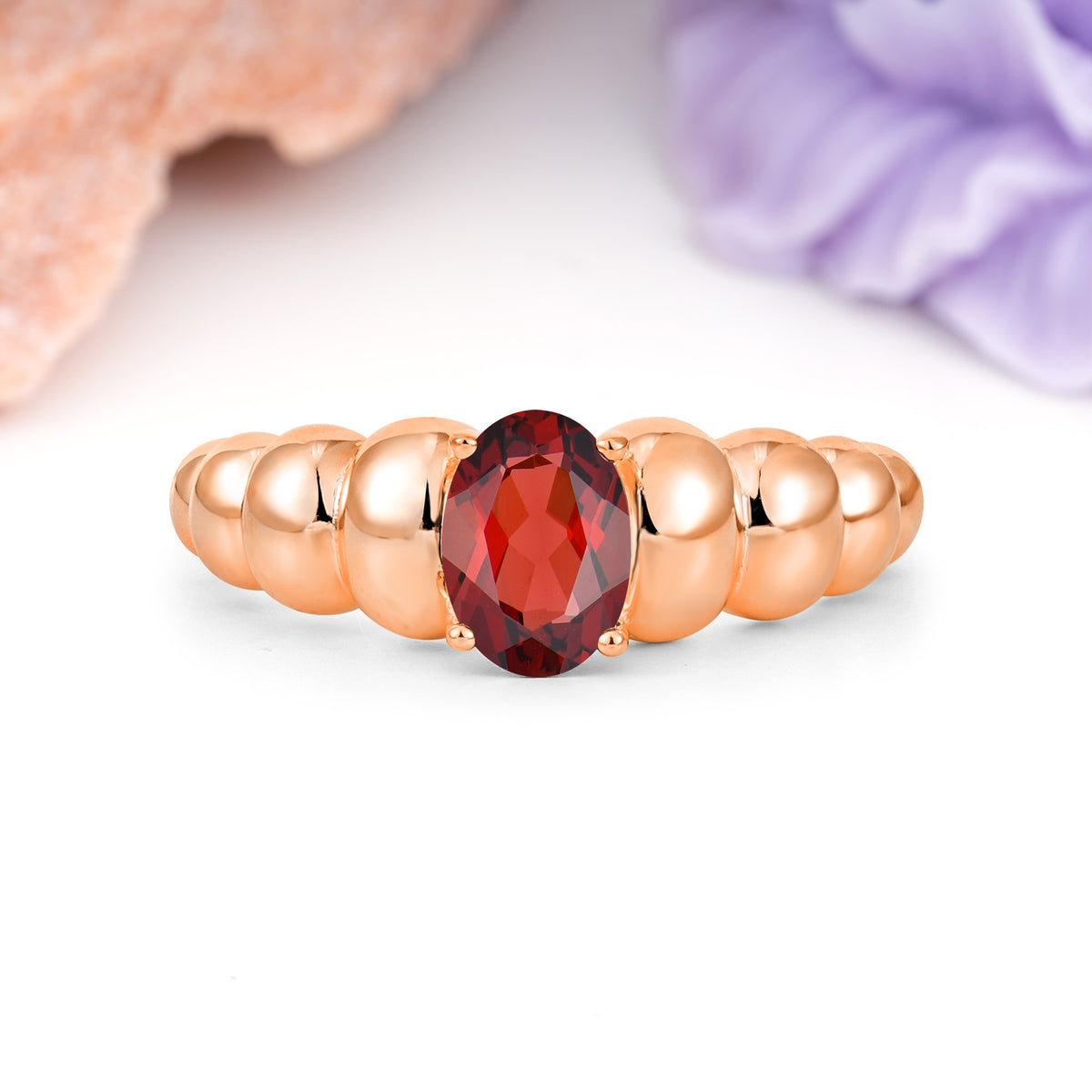 Unique Stacked 4-Prong Oval Cut Garnet Engagement Ring - Additional view