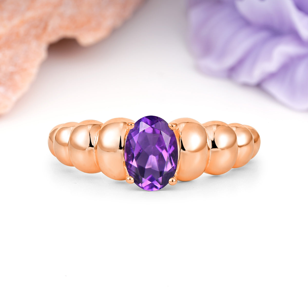 Unique Stacked 4-Prong Oval Cut Amethyst Engagement Ring - Additional view
