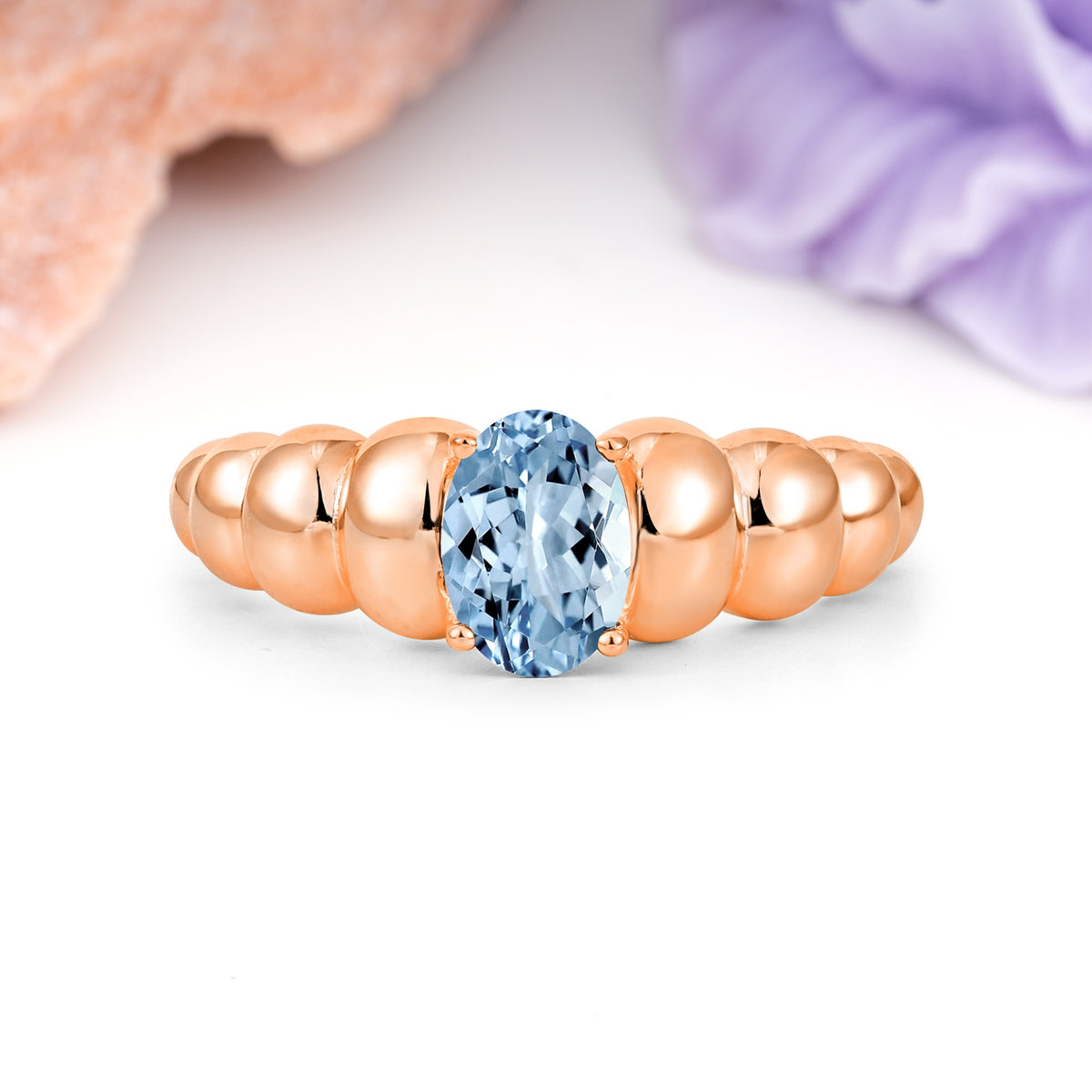 Unique Stacked 4-Prong Oval Cut Aquamarine Engagement Ring - Additional view