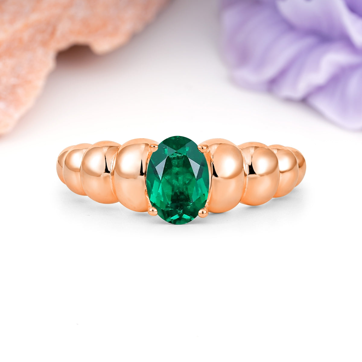 Unique Stacked 4-Prong Oval Cut Emerald Engagement Ring - Additional view
