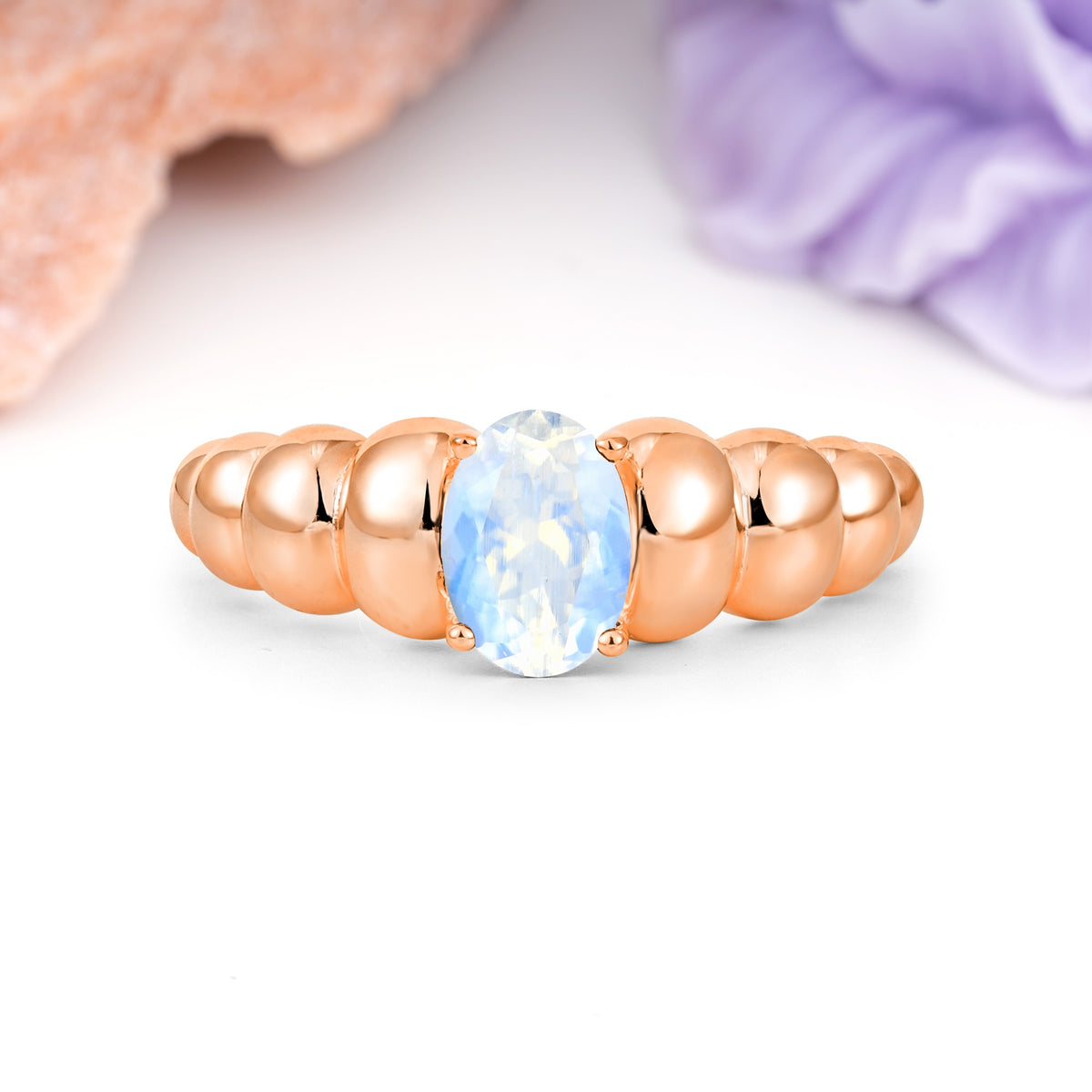 Unique Stacked 4-Prong Oval Cut Moonstone Engagement Ring - Additional view