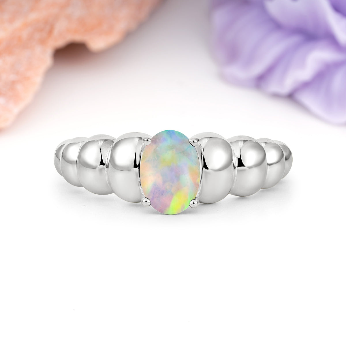 Unique Stacked 4-Prong Oval Cut Fire Opal Engagement Ring - Additional view