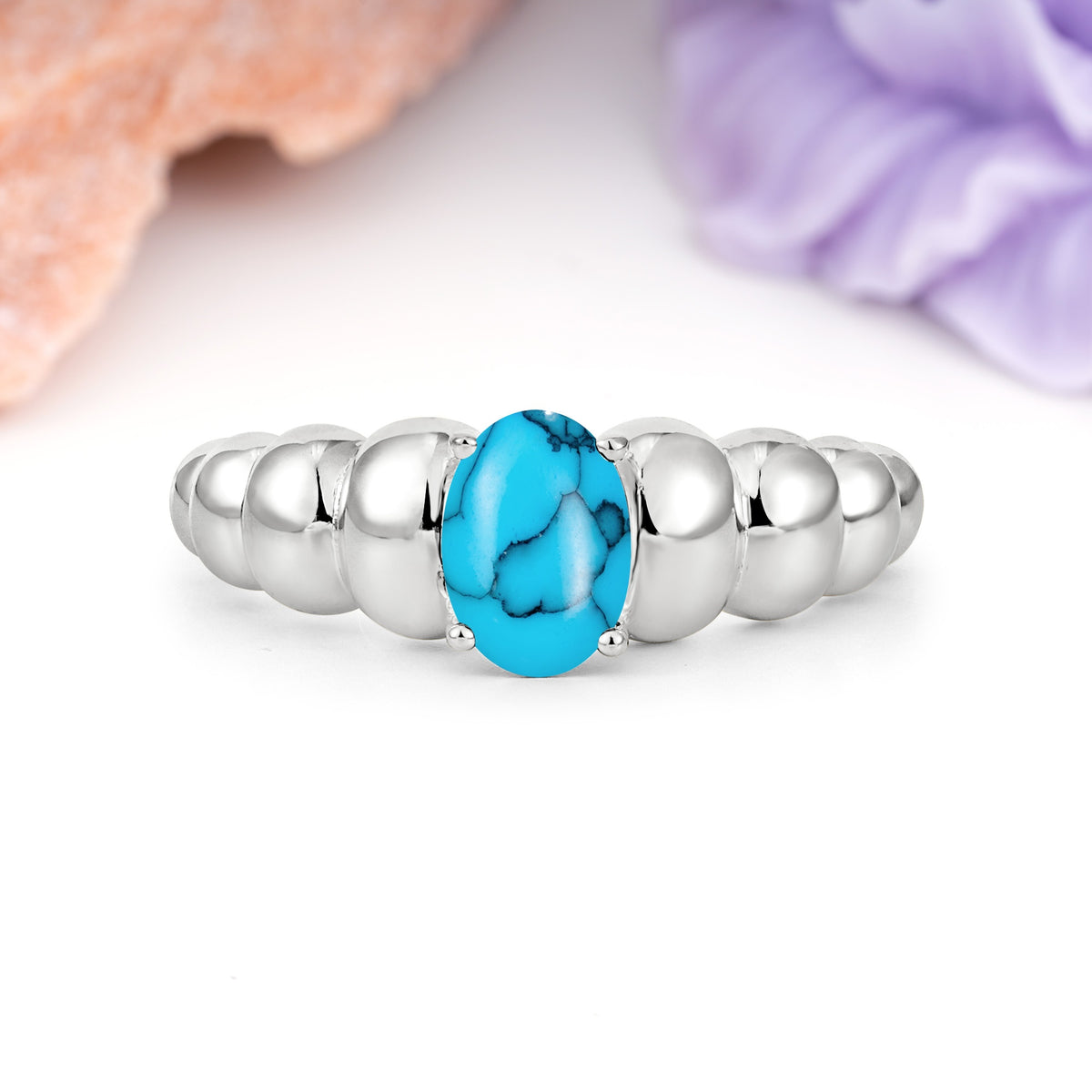 Unique Stacked 4-Prong Oval Cut Turquoise Engagement Ring - Additional view