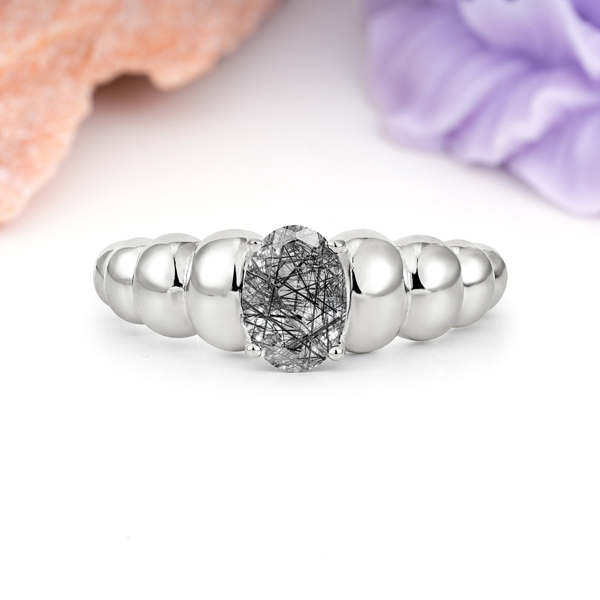 Unique Stacked 4-Prong Oval Cut Black Rutilated Quartz Engagement Ring - Additional view