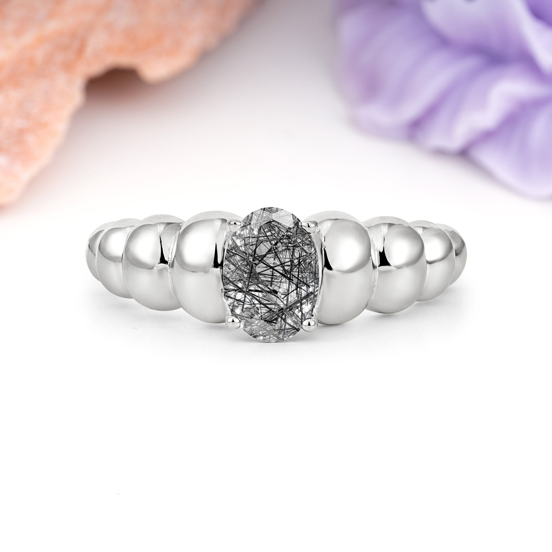 Unique Stacked 4-Prong Oval Cut Black Rutilated Quartz Engagement Ring - Additional view