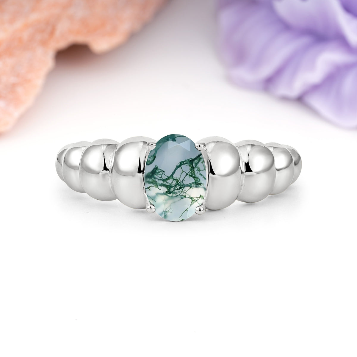 Unique Stacked 4-Prong Oval Cut Moss Agate Engagement Ring - Additional view